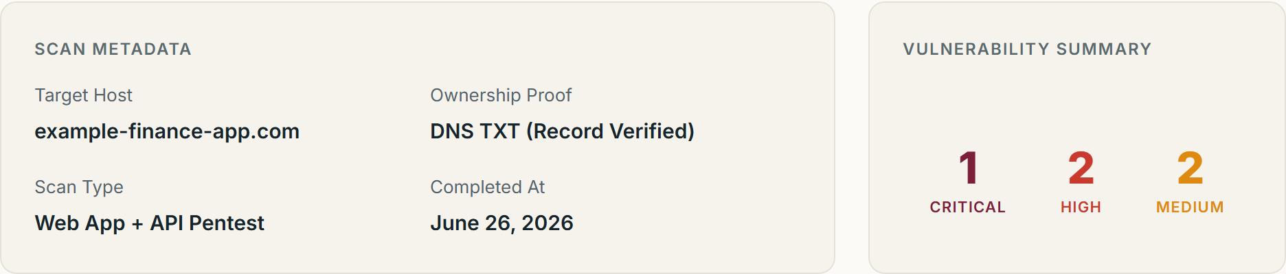 The header of an AssurePort report: target host, DNS TXT ownership proof, scan type and completion date, beside a severity summary showing 1 critical, 2 high and 2 medium findings.