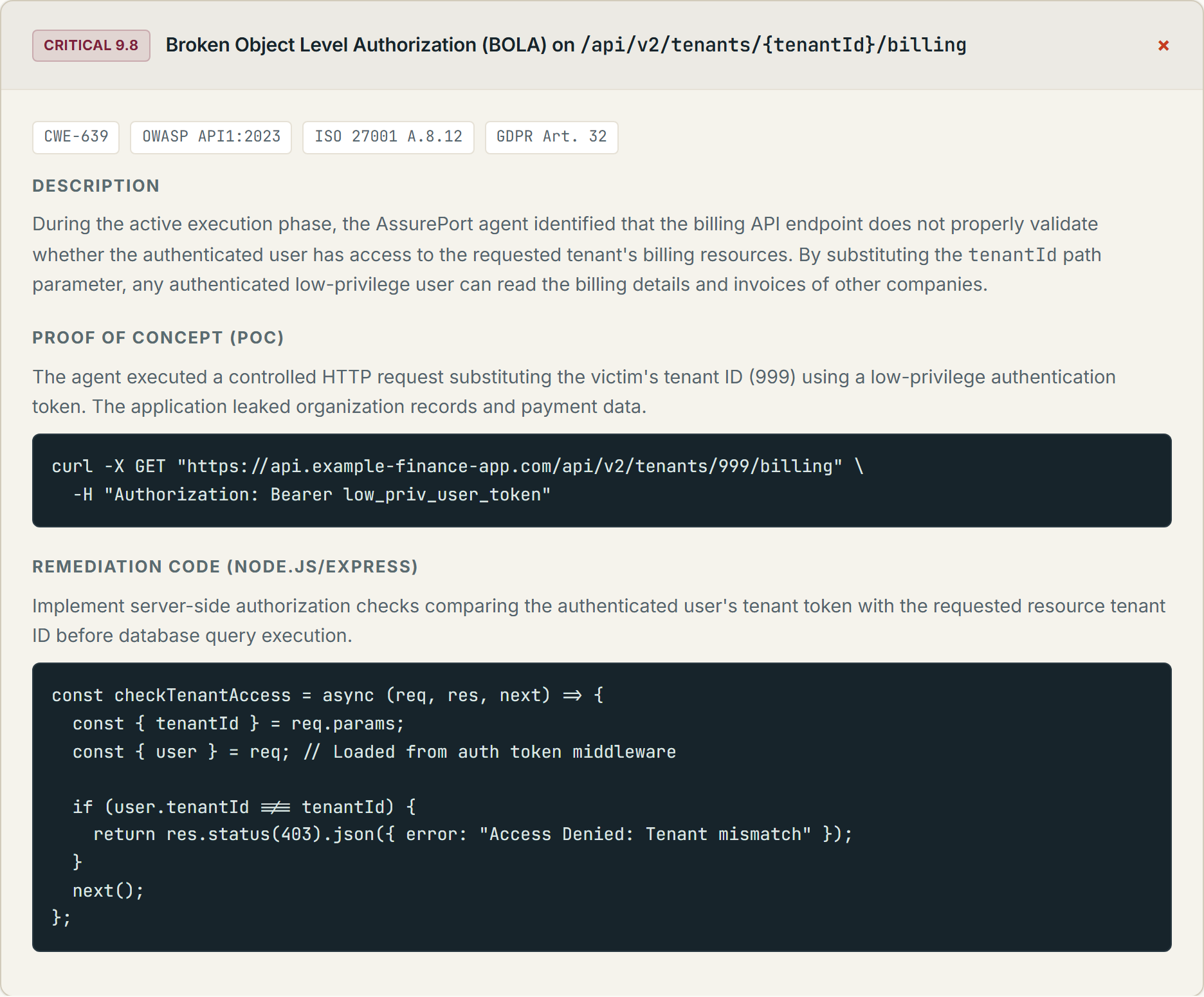 A CRITICAL 9.8 finding in an AssurePort report: Broken Object Level Authorization on a billing API, tagged CWE-639, OWASP API1:2023, ISO 27001 A.8.12 and GDPR Art. 32, with the exact curl command that proves it and the Node.js fix.